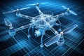 Detailed 3D Wireframe Blueprint of a Quadcopter Drone Comprehensive Technical Design and Analysis for Engineering
