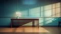 A minimalist portrayal of an empty table, bathed in ambient lighting, juxtaposed of a blurred hospital interior Royalty Free Stock Photo