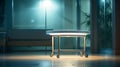 A minimalist portrayal of an empty table, bathed in ambient lighting, juxtaposed of a blurred hospital interior Royalty Free Stock Photo