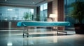 A minimalist portrayal of an empty table, bathed in ambient lighting, juxtaposed of a blurred hospital interior Royalty Free Stock Photo