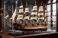 A meticulously crafted model ship in a glass display case, capturing intricate details of a historic vessel Royalty Free Stock Photo