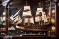 A meticulously crafted model ship in a glass display case, capturing intricate details of a historic vessel Royalty Free Stock Photo