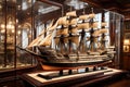 A meticulously crafted model ship in a glass display case, capturing intricate details of a historic vessel Royalty Free Stock Photo