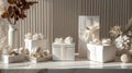 a meticulously curated arrangement featuring immaculate white gift boxes, each exquisitely embellished to evoke