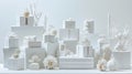 a meticulously curated arrangement featuring immaculate white gift boxes, each exquisitely embellished to evoke