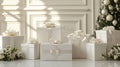 a meticulously curated arrangement featuring immaculate white gift boxes, each exquisitely embellished to evoke