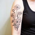 Meticulously Designed Woman With Poppies Tattoo In Light Black And Beige