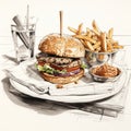 Meticulously Detailed Still Life Illustration Of Hamburgers, French Fries, And Soda On Newspaper