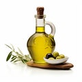 Meticulously Detailed Still Life Of Olive Oil Bottle And Olives