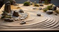 A meticulously maintained Zen garden featuring sand patterns that depict market trend lines