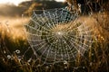 A meticulously woven spider\'s web, adorned with dewdrops, capturing the early morning light in a dew-kissed meadow