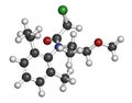 Metolachlor herbicide weed killer molecule. Atoms are represented as spheres with conventional color coding: hydrogen white,.