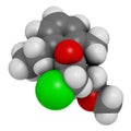 Metolachlor herbicide (weed killer) molecule. 3D rendering. Atoms are represented as spheres with conventional color coding: