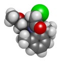 Metolachlor herbicide (weed killer) molecule. 3D rendering. Atoms are represented as spheres with conventional color coding: