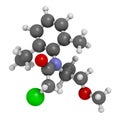 Metolachlor herbicide (weed killer) molecule. 3D rendering. Atoms are represented as spheres with conventional color coding: