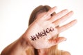 ` METOO` text in woman`s hands. Female empowering movement concept.