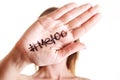 ` METOO` text in woman`s hands. Female empowering movement concept.