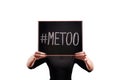 ` METOO` text in woman`s hands. Female empowering movement concept.