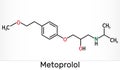 Metoprolol, C15H25NO3 molecule. It is used in the treatment of hypertension and angina pectoris. Skeletal chemical formula