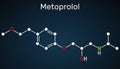 Metoprolol, C15H25NO3 molecule. It is used in the treatment of hypertension and angina pectoris. Structural chemical formula on