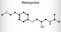 Metoprolol, C15H25NO3 molecule. It is used in the treatment of hypertension and angina pectoris. Structural chemical formula