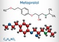 Metoprolol, C15H25NO3 molecule. It is used in the treatment of hypertension and angina pectoris. Structural chemical formula and