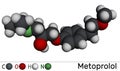 Metoprolol drug molecule. It is used in the treatment of hypertension and angina pectoris. Molecular model. 3D rendering