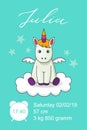 Metric baby girl poster with flat cartoon unicorn, hand drawn Julia white name, calligraphy text. Time, date of the