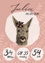 Metric baby girl poster with roe deer with flower sketch, hand drawn Julia name, calligraphy text. Time, date of the