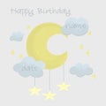 Metric illustration of a newborn. Children\'s poster to record height, weight and date of birth. Clouds and the moon. Vector