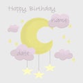 Metric illustration of a newborn. Children`s poster to record height, weight and date of birth. Clouds and the moon. Vector