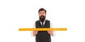 Metric system. Open mind for different view. School teacher. Size really matters. Man bearded hipster holding ruler