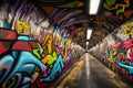 metro empty subway tube graffiti wall underground urban passage transportation public city spray paint illustration Royalty Free Stock Photo