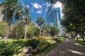 Metro Manila, Philippines - February, 12, 2020: Ayala Triangle gardens and park in Makati, on a sunny day