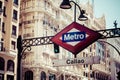 Metro Sign on blurred city, Madrid Royalty Free Stock Photo
