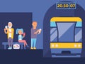 Metro station banner vector illustration. Different people waiting for train with gadgets. Boy listening to music in his Royalty Free Stock Photo