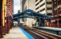 Metro station surrounded by buildings at The Loop - Warm Sunset Artistic Effect - Chicago, CHI, Illinois
