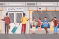 Metro, subway train, public transport flat vector illustration. Underground railway carriage interior, people in