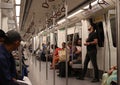 Metro subway underground metro inside train in New Delhi.