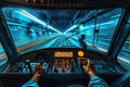 Metro train driver from operation cabin during the high speed in subway tunnel Royalty Free Stock Photo
