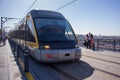 Metro train on famous bridge over river Douro, Porto, Portugal. Public transport concept. Subway on bridge. Porto cityscape.