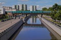 Metro underground train goes by Preobrazhenskiy bridge on Yauza river in Moscow