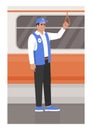 Metro worker ride in train semi flat vector illustration