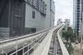 Metromover rails passing at height between modern buildings and skyscrapers.