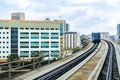 Metromover rails passing at height between modern buildings and skyscrapers. Miami, Southern Florida, US.