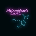 Metronidazole antibiotic chemical formula and composition, concept structural drug, isolated on black background, neon style