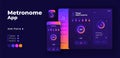Metronome app screen vector adaptive design template. Music pace support instrument night mode interface with flat