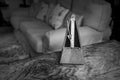 A Metronome on Top of a Walnut Veneer Table in a Drawing Room in Black and White Royalty Free Stock Photo