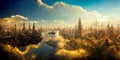 Metropolis floating in a beautiful blue sky and golden clouds tinted with light of evening sun. Oil painting. Royalty Free Stock Photo