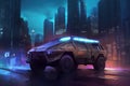 Metropolis innovative glowing vehicle on urban view. Generate ai